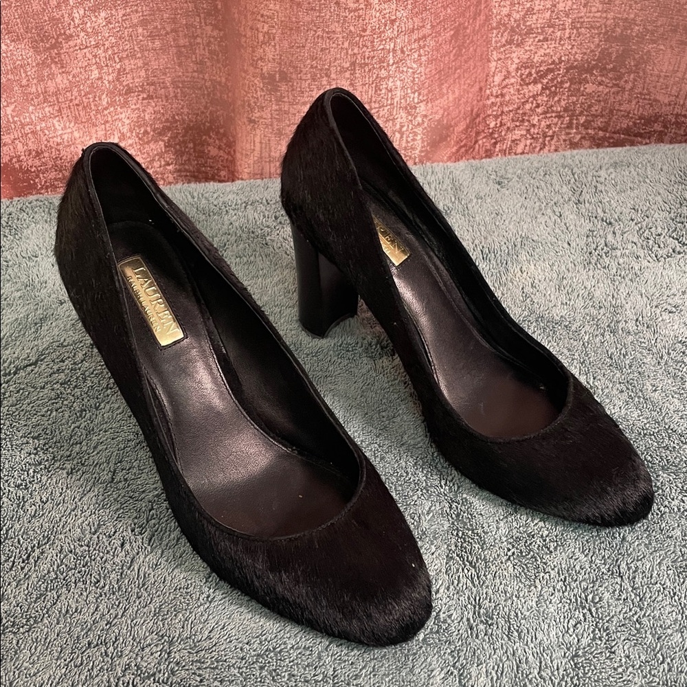 Ralph Lauren Black Pony Hair Block Heel Round Toe Shoes Formal Slip on Pumps 10B - Picture 2 of 9